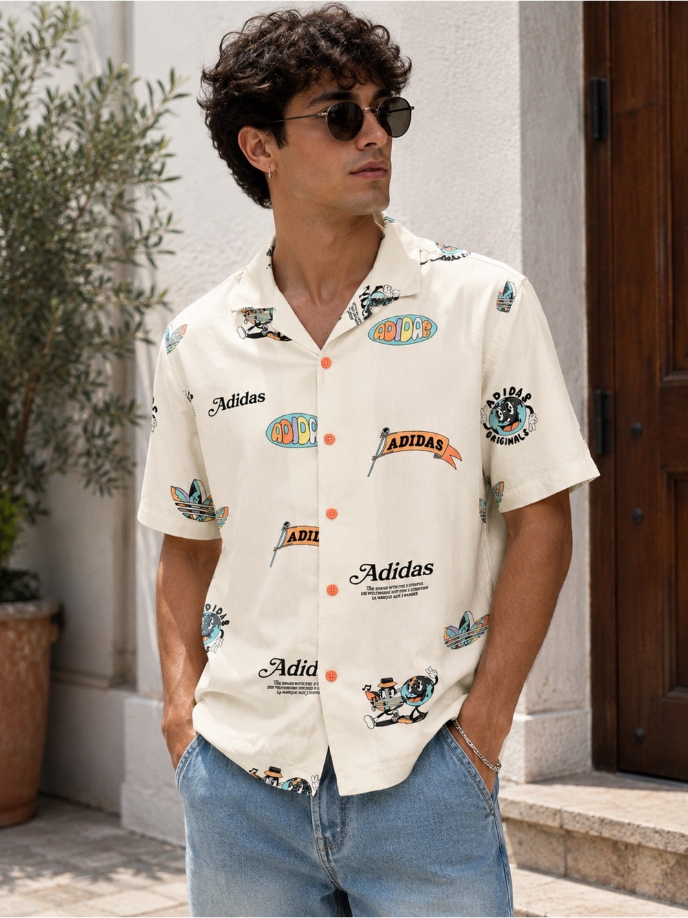 adidas Cream Short-Sleeve Button-Down Shirt with Multicolor Logos
